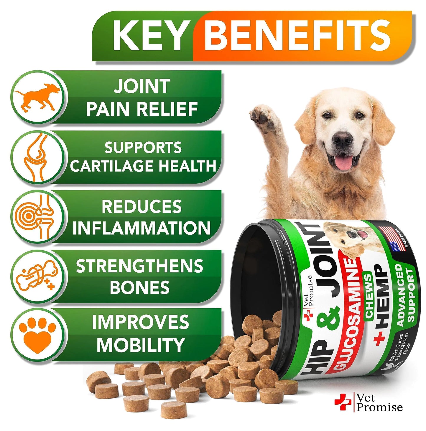 Supplément de Soutien pour les Hanches et Articulations au Chanvre pour Chiens avec Glucosamine – 120 Bouchées