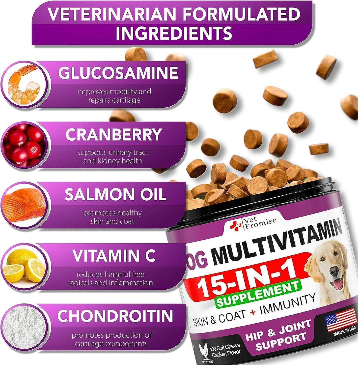 Lot de 2 Multivitamines Mâchables pour Chiens avec Glucosamine – 240 Bouchées