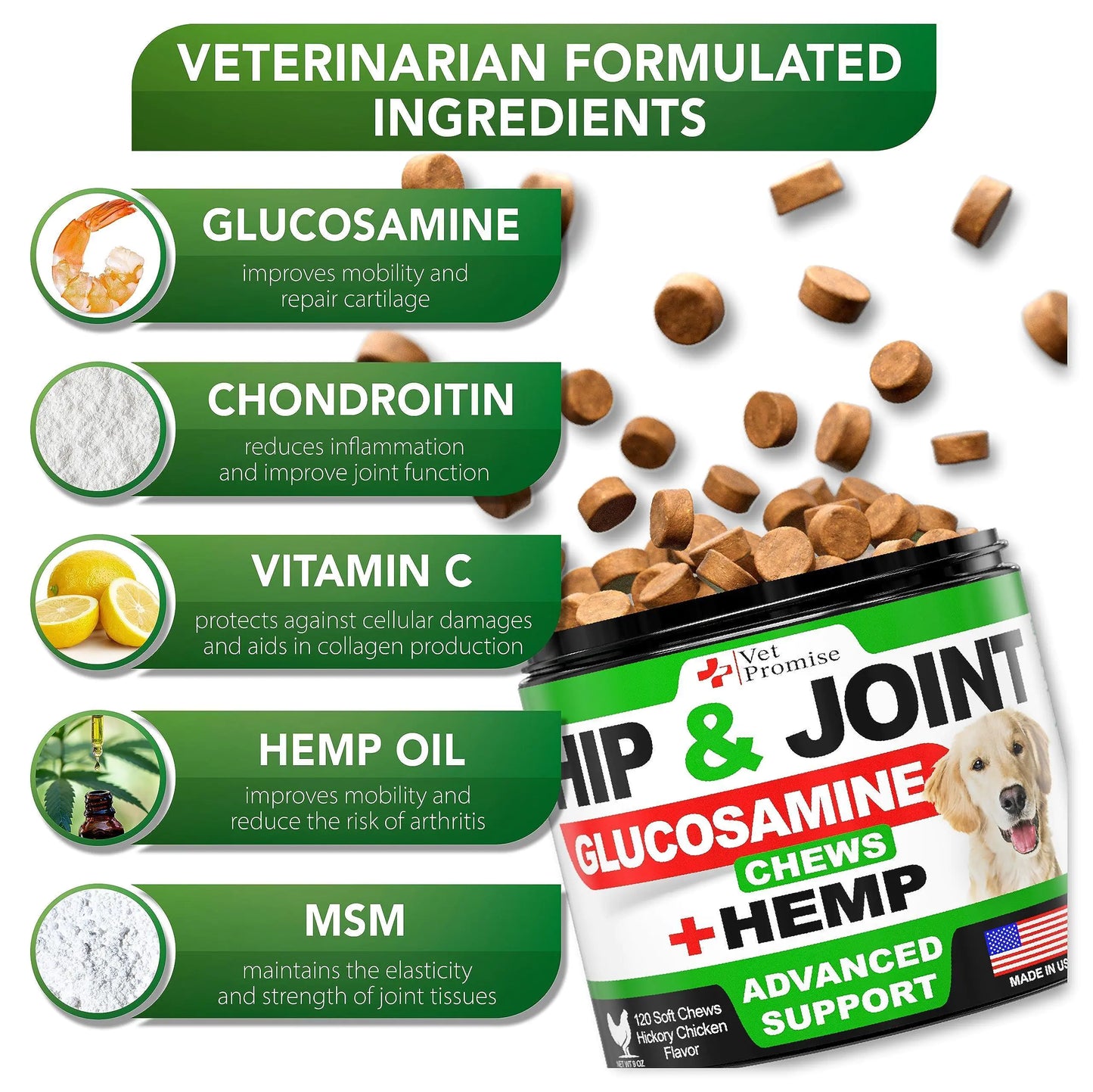 Supplément de Soutien pour les Hanches et Articulations au Chanvre pour Chiens avec Glucosamine – 120 Bouchées