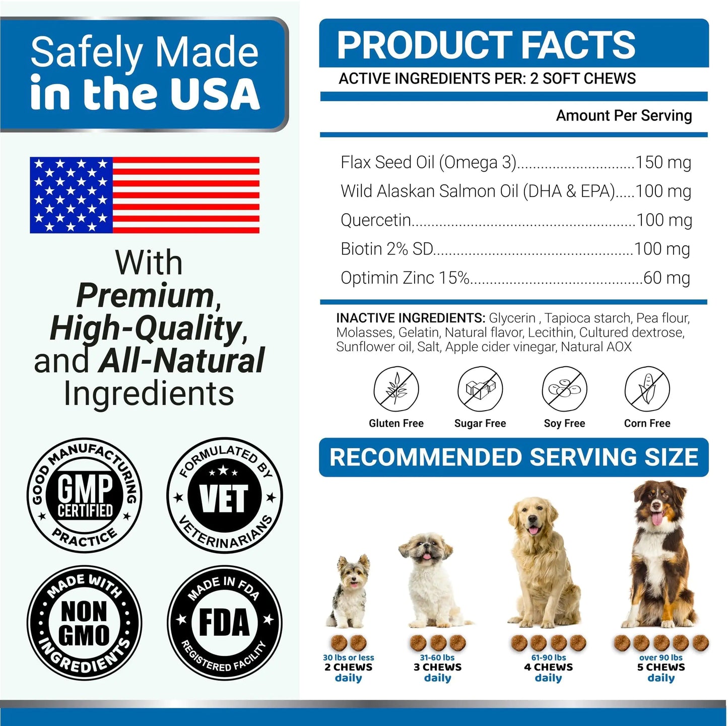 Huile de Poisson Oméga 3 pour Chiens – Supplément pour la Peau et le Pelage, 170 Bouchées