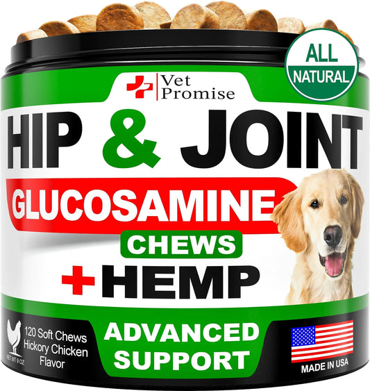 Supplément de Soutien pour les Hanches et Articulations au Chanvre pour Chiens avec Glucosamine – 120 Bouchées