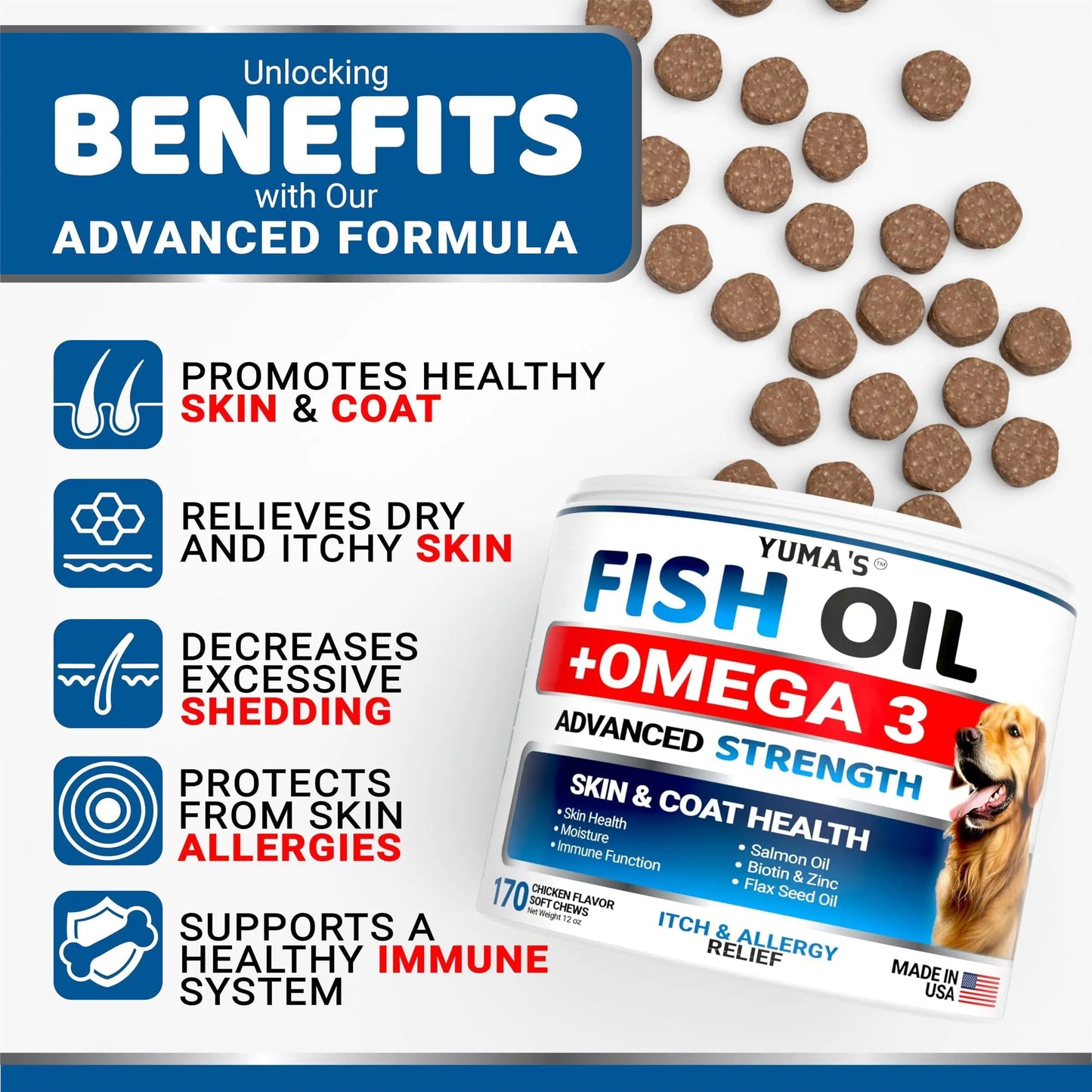 Huile de Poisson Oméga 3 pour Chiens – Supplément pour la Peau et le Pelage, 170 Bouchées