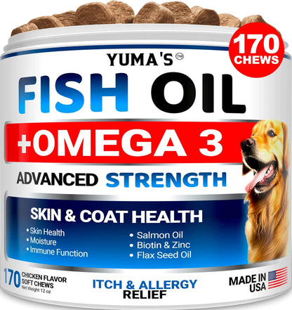 Huile de Poisson Oméga 3 pour Chiens – Supplément pour la Peau et le Pelage, 170 Bouchées