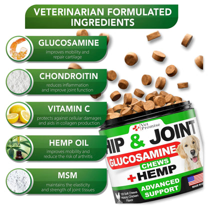 Supplément de Soutien pour les Hanches et Articulations au Chanvre pour Chiens avec Glucosamine – 120 Bouchées